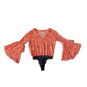 Intimately Free People Ruffle Flared Bodysuit M Orange Ditsy Fairy Boho Festival